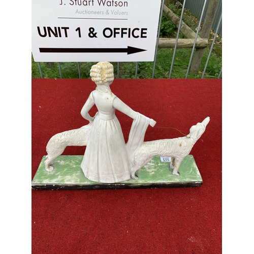 503 - Art Deco girl & dogs chalk figure, length of base 52cms, height 39cms