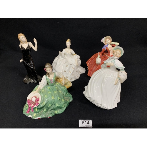 514 - 5 Royal Doulton Lady figures, tallest 21cms, hairline crack to head of Elyse