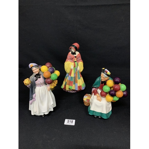 518 - 3 Royal Doulton lady figures, The Parsons Daughter, Piddy Penny farthing and the Old Balloon seller,... 