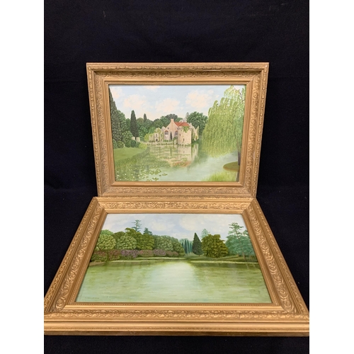 546 - 2 gilt framed paintings on board of Scotney Castle and  Bedgbury pinetum, signed E M Dickinson, each... 