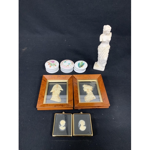 551 - 2 Framed Wax Portraits by Leslie Ray, London 13 x 16 cms, pair of miniature cameos, three pots and c... 