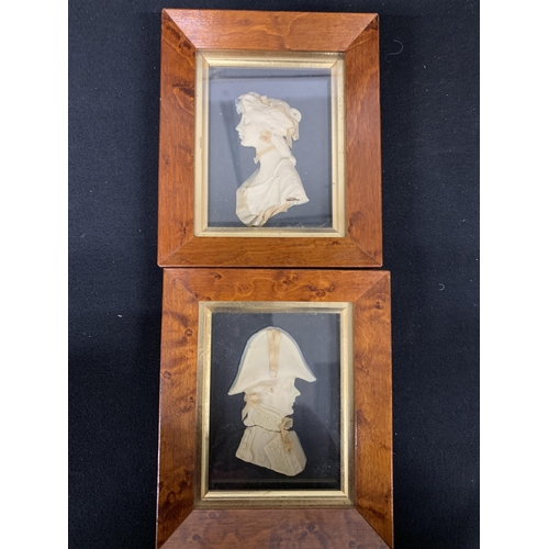 551 - 2 Framed Wax Portraits by Leslie Ray, London 13 x 16 cms, pair of miniature cameos, three pots and c... 