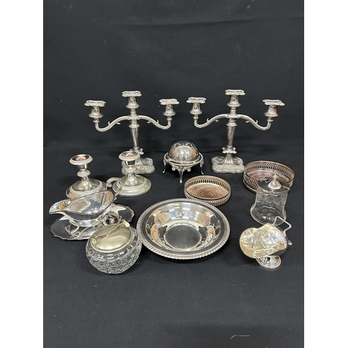 553 - Collection of plated ware including pair of candelabra