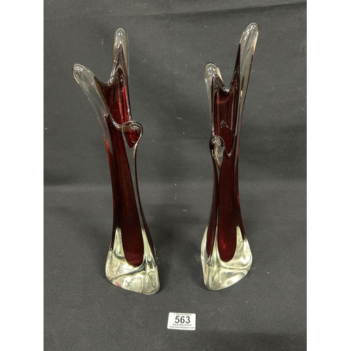 563 - Pair 1970's ruby glass vases, height 38cms