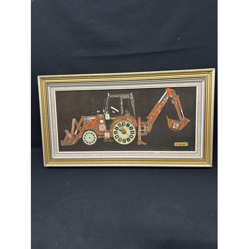 567 - Framed working clock collage by L.Kersh, depicting a Case Digger, 66 x 36cms