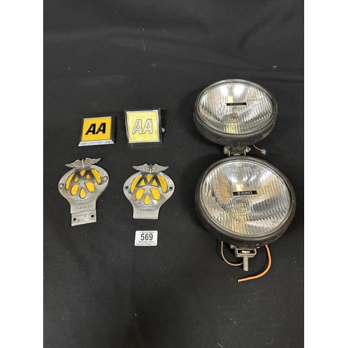 569 - 4 AA badges and pair of Ring spot lights