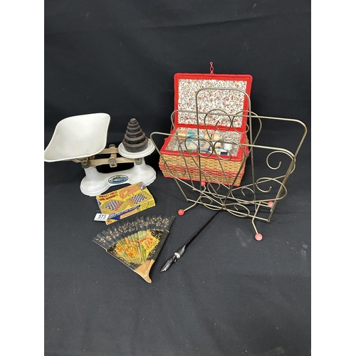 573 - Scales and weights, retro magazine rack, work basket, fan and game