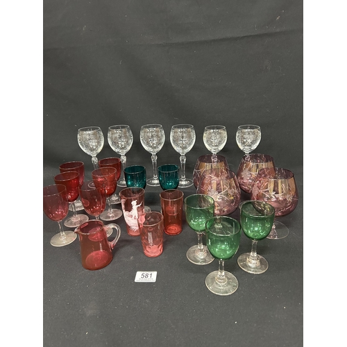 581 - Set of 6 etched glasses, 4 ruby glasses and collection of Victorian cranberry and green glasses