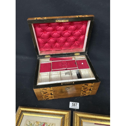 588 - Victorian Inlaid workbox, and five framed silk cards (2)