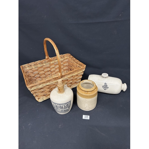 595 - Clansman Ireland Malt whisky jar, Newbery Battle Jar, Doulton hot water bottle and basket