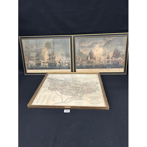 639 - Framed Cruchleys Road and railway map of Kent and 2 prints The Bombardment of Algiers