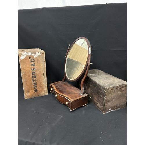 640 - Swing mirror, box and Whitbread crate