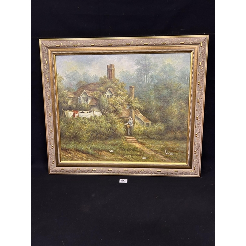 647 - Framed oil on canvas, cottage scene, signed K Lane, 73 x 63cms