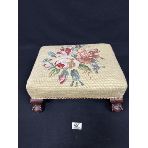 651 - Tapestry upholstered ball and claw foot stool 37x30 cm