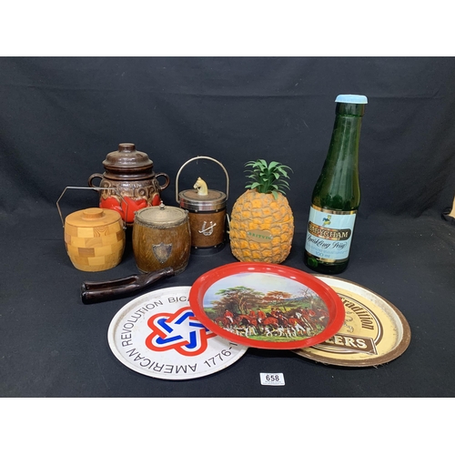 658 - Vintage Britvic ice bucket, jumbo Babycham money box, barrels and trays