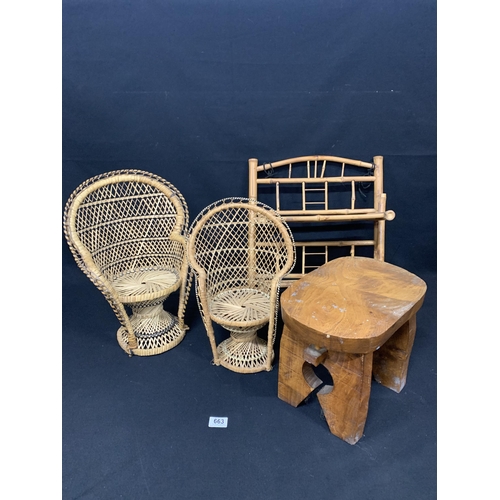 663 - Two miniature Peacock Chairs, tallest 44 cms, bamboo wall shelf and elm stool