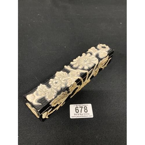 678 - Antique Chinese Paint Brush or Pen Box in carved stone with floral decoration, length 20 cms