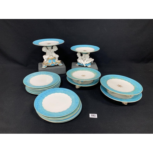 682 - Two Antique 19th century Minton style Cherub comports and matching 4 x 3 legged comport plates & 11 ... 