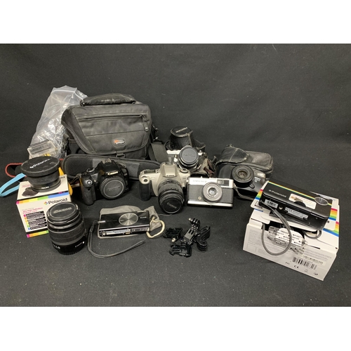 694 - Canon EOS 450D & Canon EOS 300 cameras, Pentax ME Super, Nikon Zoom, Olympus Trip 35 cameras, Polaro... 