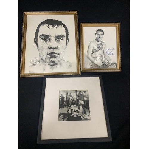 701 - Two signed Boxing pictures of Alan Minter and framed photo of The Beatles with Muhammad Ali