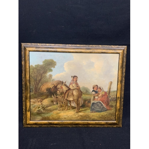 703 - Framed Oil on canvas, Travellers Resting, signed and dated W. Shayer 1849, overall size 52 x 43 cms