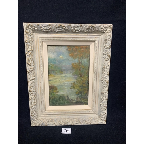 704 - Framed Oil on board of river with bridge in distance signed LS (Lester Sutcliffe), overall size 32 x... 