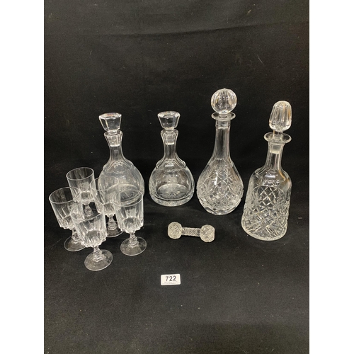 722 - Pair of RAF Hullavington Decanters and five glasses, two other decanters and knife rest