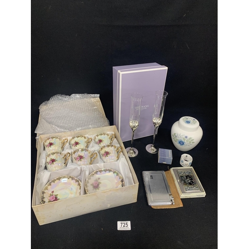 725 - Pair of Wedgwood Vera Wang Flutes & Two pieces of  Wedgwood,  Czech coffee set, cigarette case and c... 