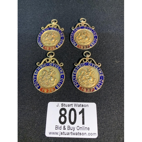 801 - Four Hallmarked 9ct Gold and Enamel Polytechnic Cycling Club Medals to G F Ely, total weight 35.8 gm... 