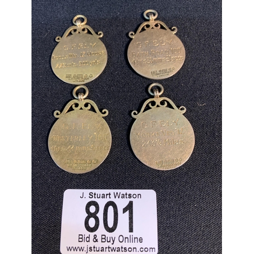 801 - Four Hallmarked 9ct Gold and Enamel Polytechnic Cycling Club Medals to G F Ely, total weight 35.8 gm... 