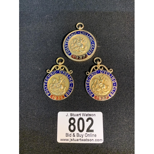 802 - Three Hallmarked 9ct Gold and Enamel Polytechnic Cycling Club Medals to G F Ely, total weight 40 gms