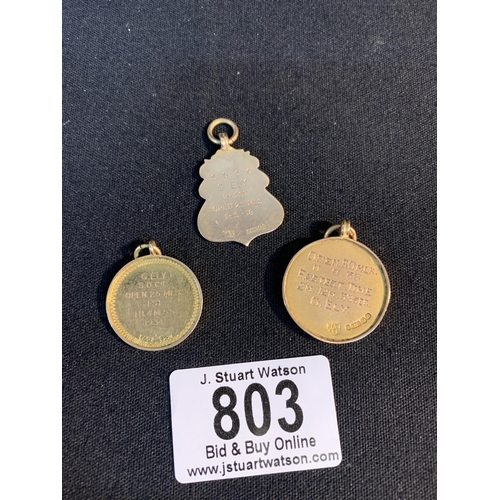 803 - Three Hallmarked 9ct Gold Cycling Club Medals to G F Ely, total weight 16.9 gms