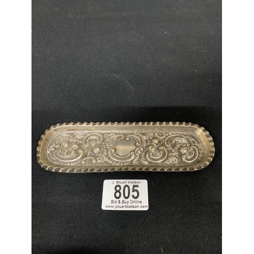 805 - Hallmarked Silver Embossed Pin tray, length 16 cms, weight 38 gms