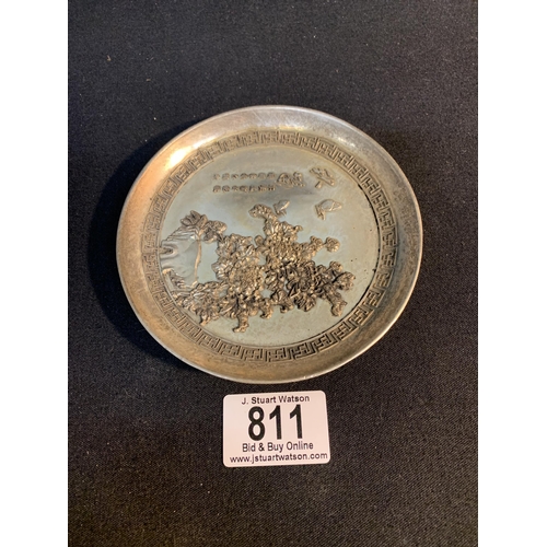 811 - Chinese white metal dish, 12 cms diameter