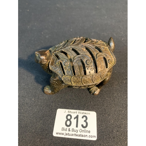 813 - Oriental Bronze Turtle Censor with removable lid, length 9 cms