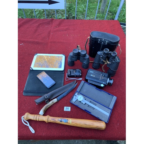 844 - Samsung Tablet, mobile phone, micrometer, two pairs binoculars and sundry items