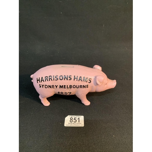 851 - Cast iron advert Harrisons Hams money box,length 19cm