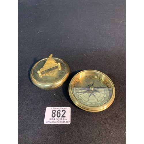 862 - Brass Pocket Sundial Compass, diameter 7 cms