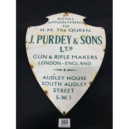 869 - Enamel Purdey & Co shield shape sign, height 50 cms x 39 cms