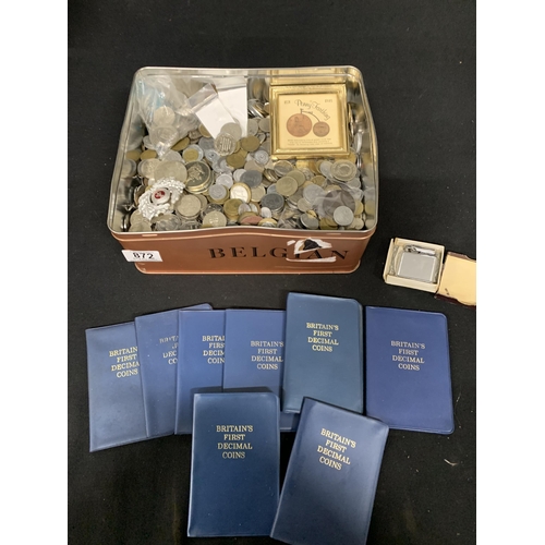 872 - Large tin of assorted coins, weight 9 kilos