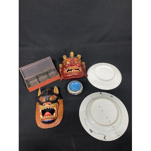 875 - Two carved wooden face masks, cinnabar box a/f, two plates and cloisonné bowl