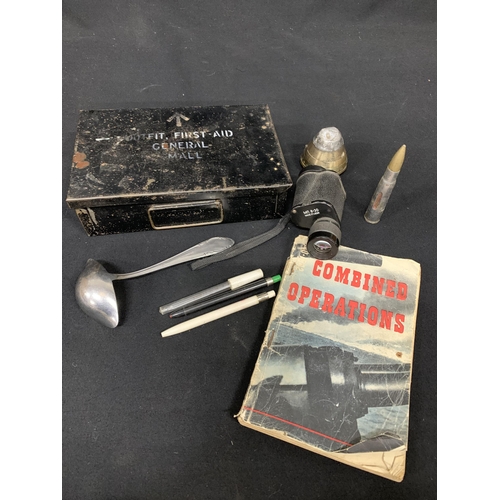 878 - Empty Military First Aid Tin, Russian Monocular and war interest items