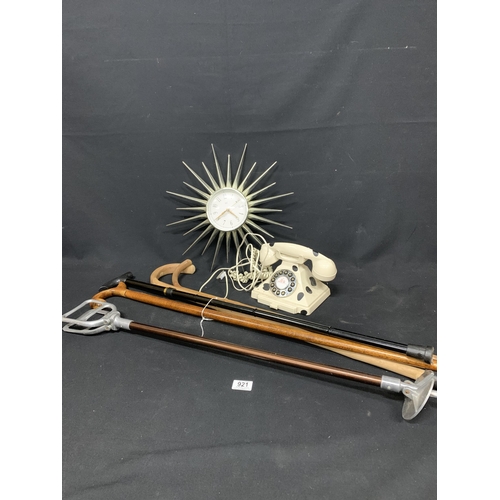 921 - Shooting stick, walking sticks, sunburst clock and phone