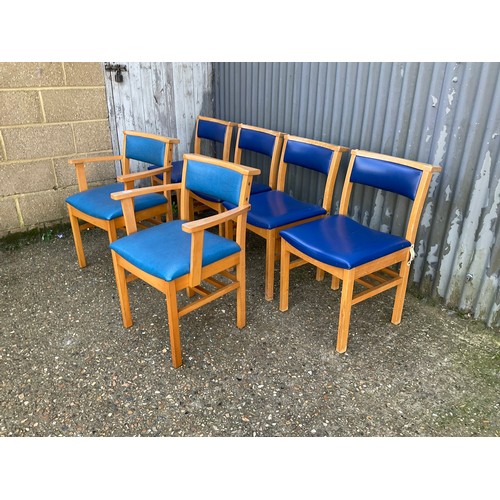 148 - A set of six blue vinyl seated interlocking  church chairs