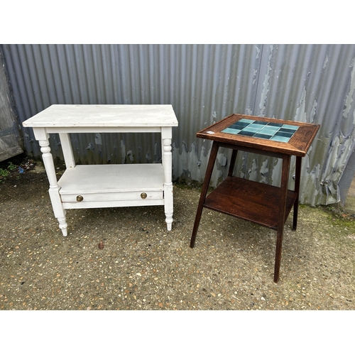 125 - An oak occasional table with blue tile top together with a painted pine side table