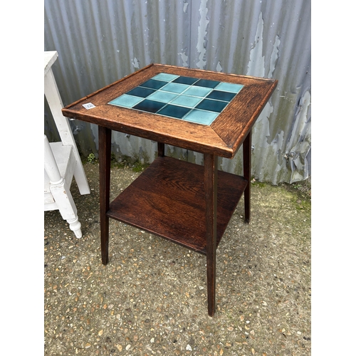 125 - An oak occasional table with blue tile top together with a painted pine side table