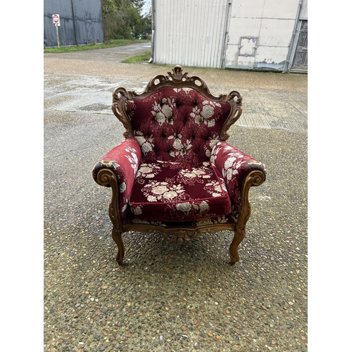 13 - A French style rococo red pattern sofa with two matching armchairs (see all pics)