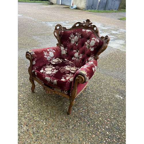 13 - A French style rococo red pattern sofa with two matching armchairs (see all pics)