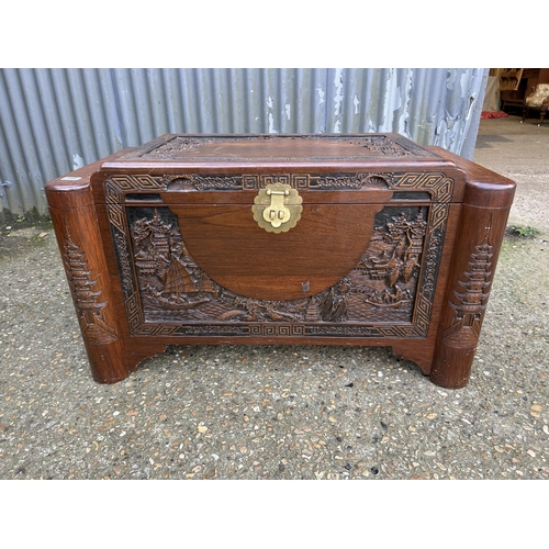 145 - A carved camphor wood blanket box chest  100x50x60