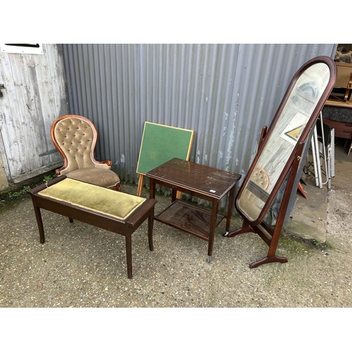 151 - Cheval mirror, button back chair, 2 card tables  table and small side table